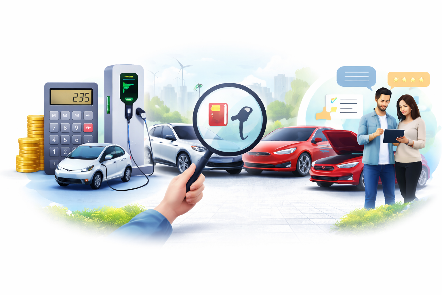 Car comparison, ownership cost analysis and EV insights illustration